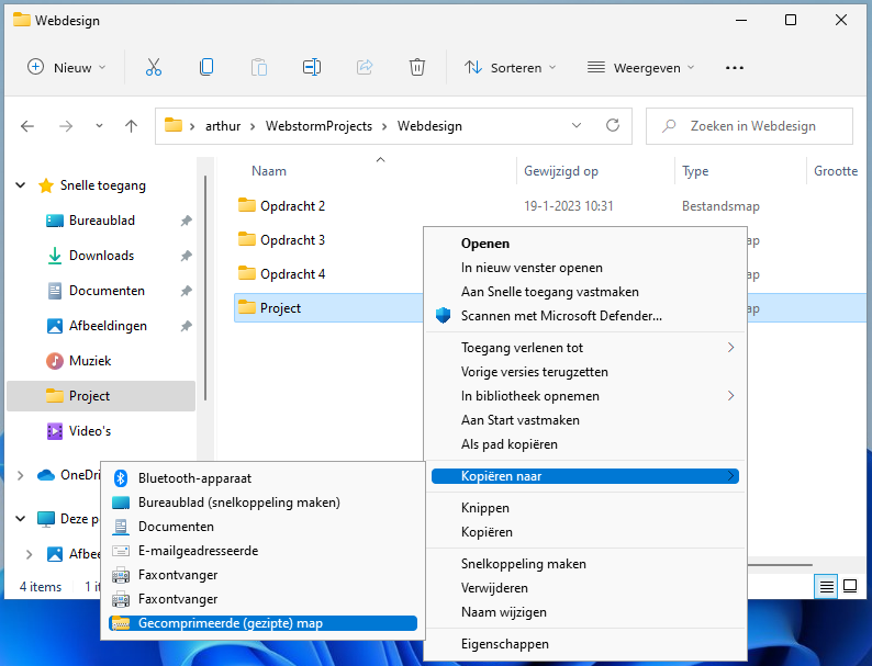 Het rechtermuisknop-menu van Windows 10, nadat in de verkenner op het mapje is geklikt. De optie Kopiëren naar > Gecomprimeerde (gezipte) map is geselecteerd.