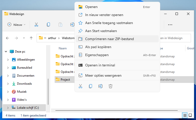 Het rechtermuisknop-menu nadat in de verkenner op het mapje is geklikt. De optie Comprimeren naar ZIP-bestand is geselecteerd.