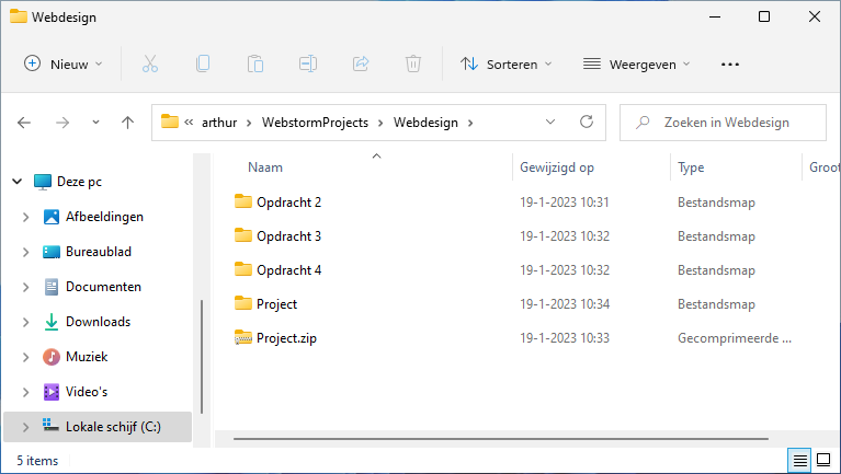 Hetzelfde verkennerscherm als in de vorige afbeelding, met nu een nieuw bestand Project.zip