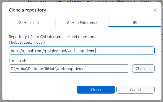 Dialoogvenster van GitHub Desktop "Clone a repository"